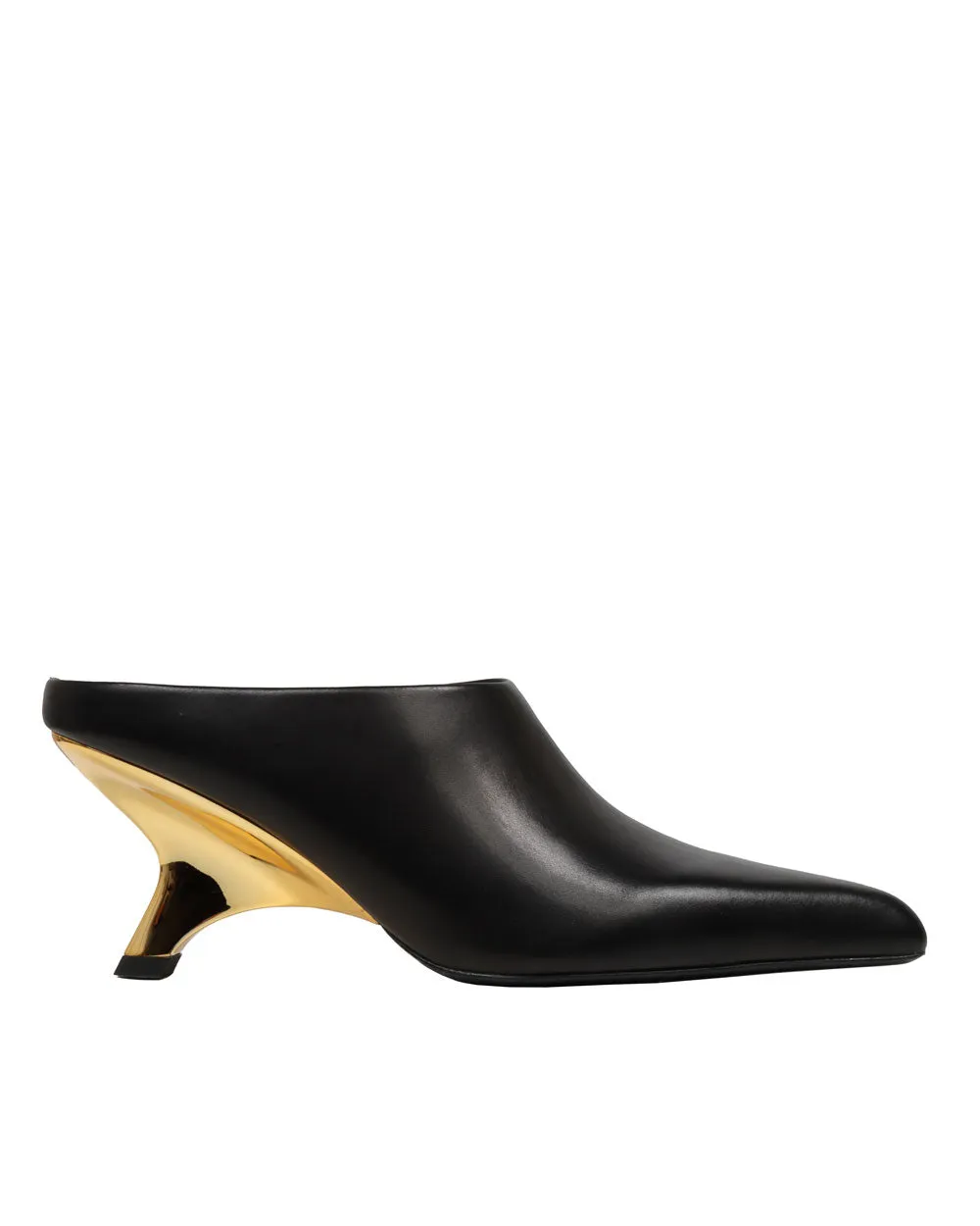 Shadow Leather Mule with Gold Angle Heel in Black