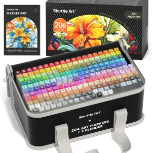 Shuttle Art 205 Colors Dual Tip Alcohol Markers, 204 Colors Permanent Marker Plus 1 Blender 1 Marker Pad 1 Case and Color Chart for Kids Adult Artist Drawing Coloring Books Sketching Card Making
