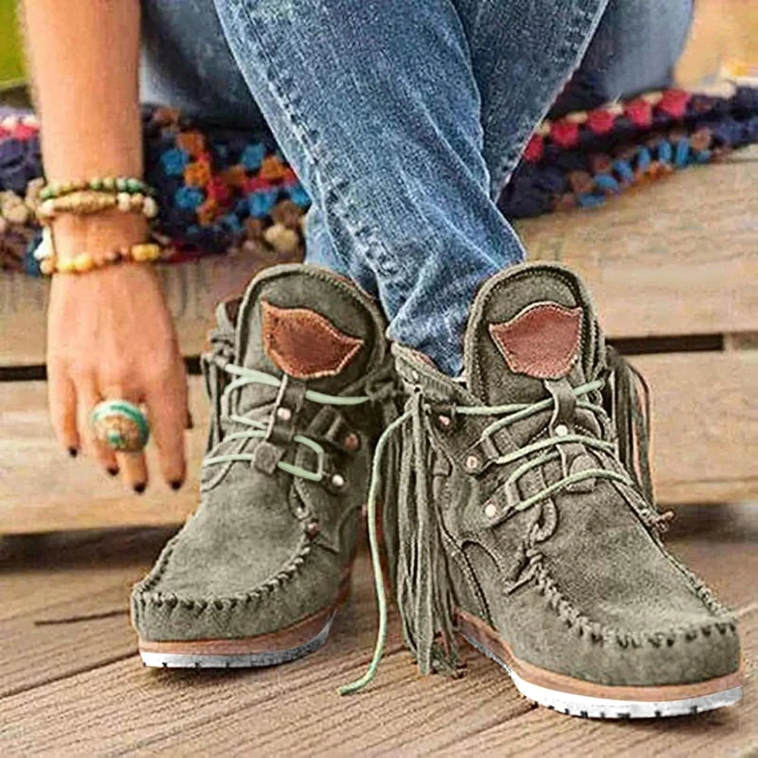 Suede Cowboy Boots Women Short Western Boots Suede Fringe Boots Flat Moccasin Boots Tassel Boots Hippie Boots