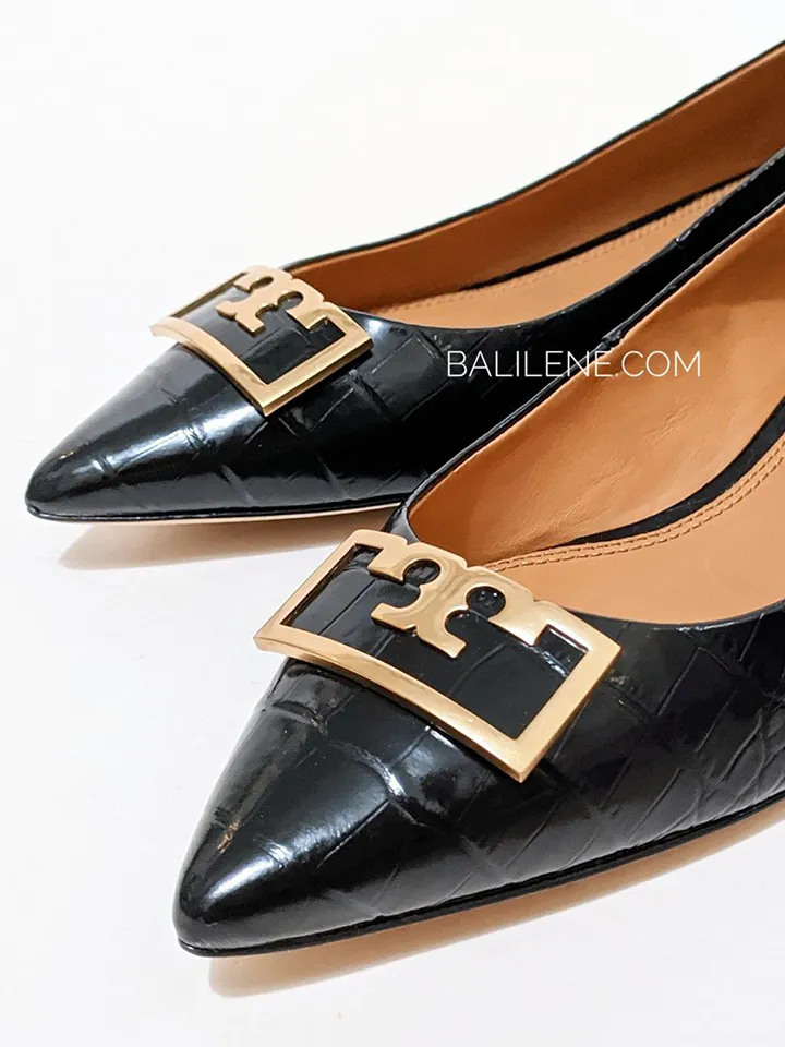 Tory Burch Gigi 20mm Pointed-Toe Flat Croco Embossed Black
