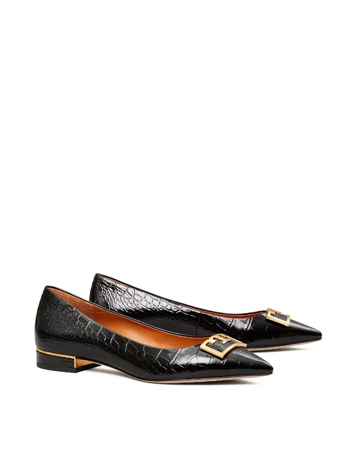 Tory Burch Gigi 20mm Pointed-Toe Flat Croco Embossed Black