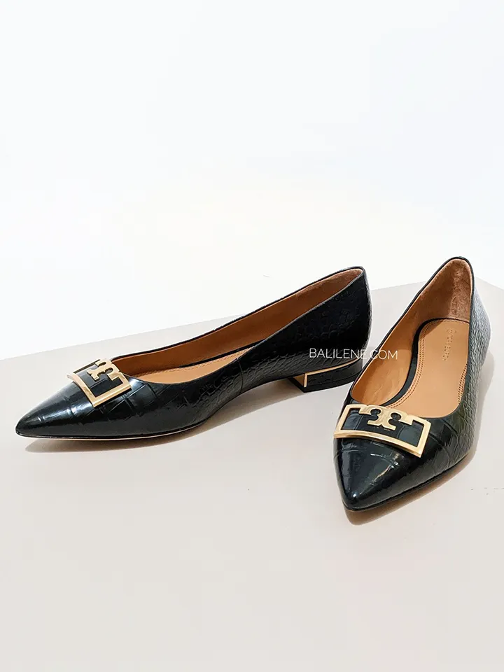 Tory Burch Gigi 20mm Pointed-Toe Flat Croco Embossed Black