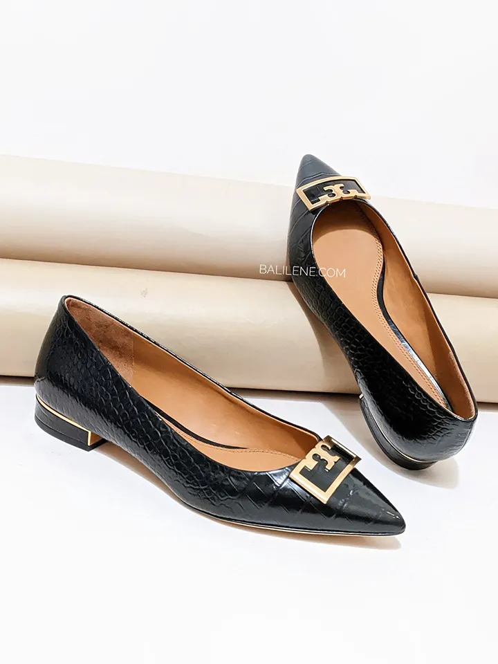 Tory Burch Gigi 20mm Pointed-Toe Flat Croco Embossed Black