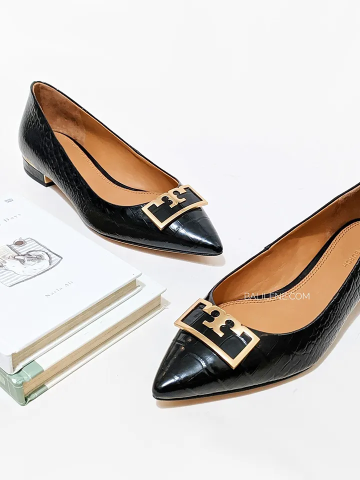 Tory Burch Gigi 20mm Pointed-Toe Flat Croco Embossed Black