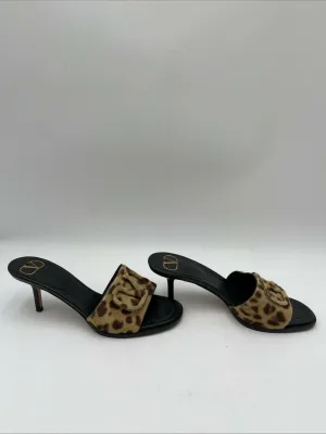 Valentino Black Leather/Leopard Calf-Hair Open Toe Slip On Mule Sandals, Size 36 - Very Good