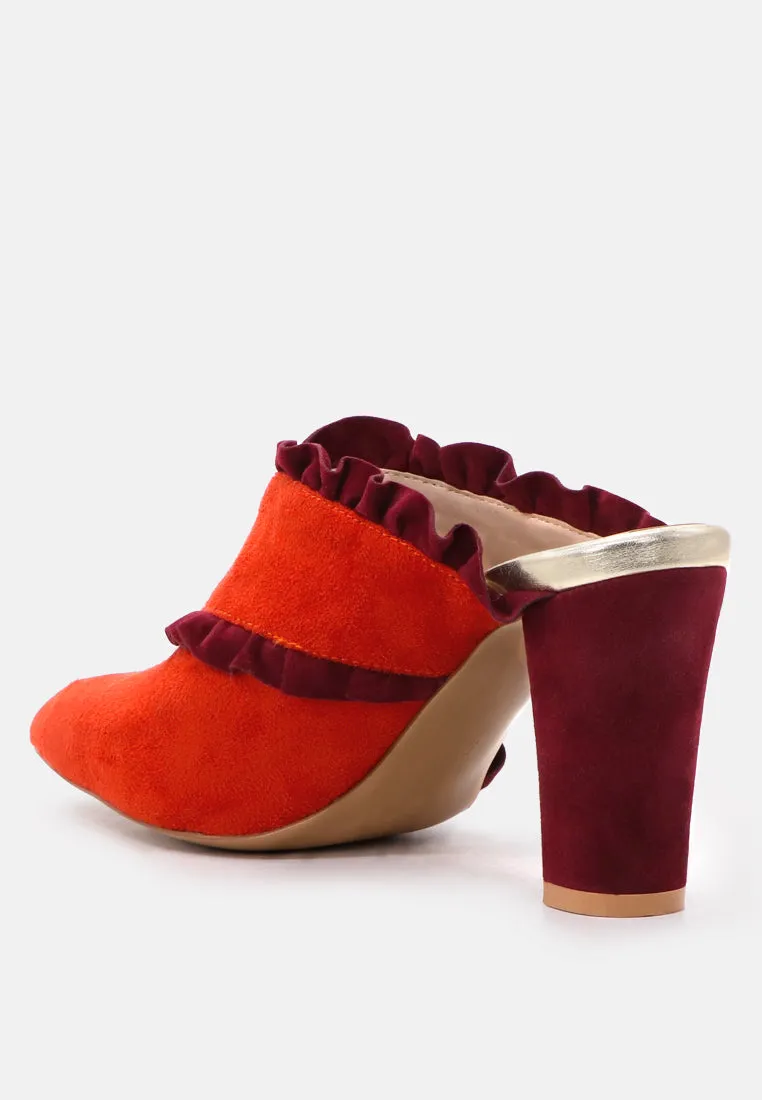 Venessa Blush High Heel Pointed Mules With Ruffles