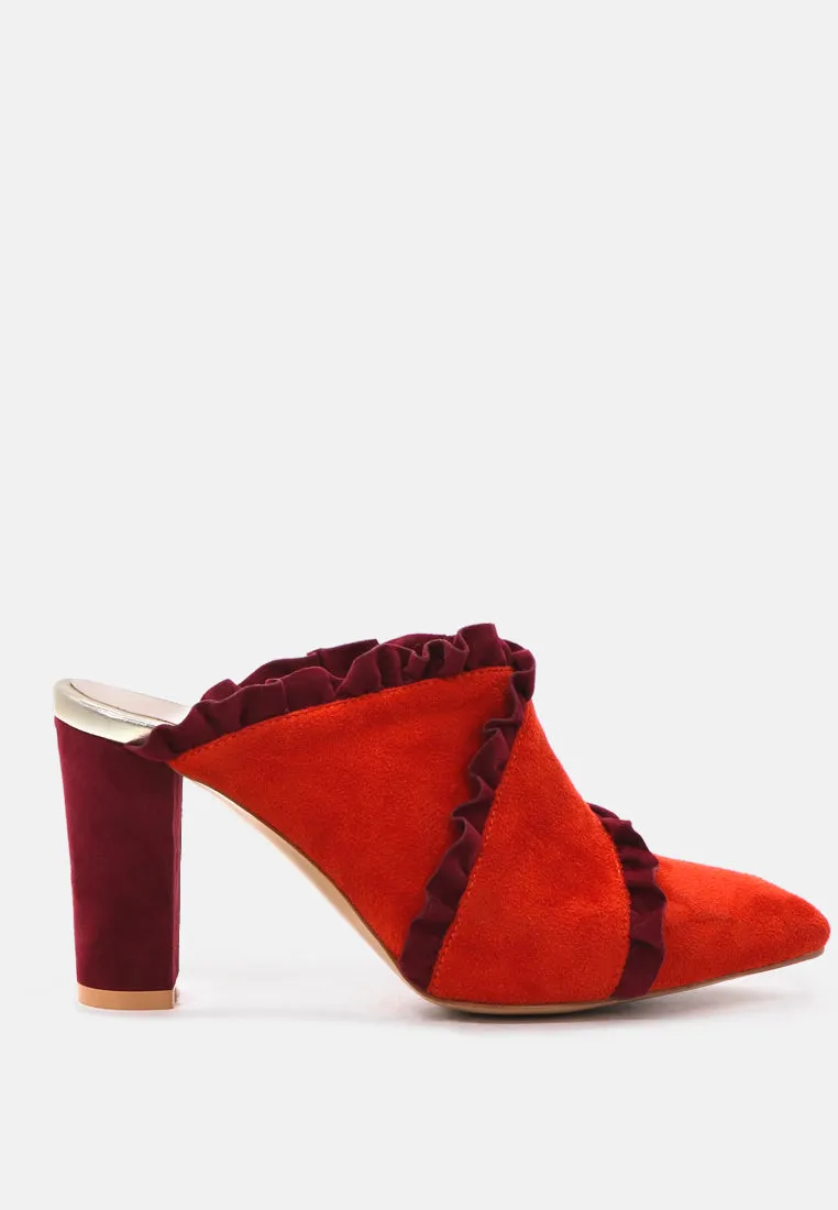 Venessa Blush High Heel Pointed Mules With Ruffles