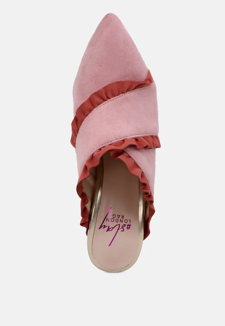 Venessa Blush High Heel Pointed Mules With Ruffles
