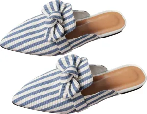 Verdusa Women's Bow Striped Pointed Toe Mule Shoes PU Leather Backless Slip on Slide Flats