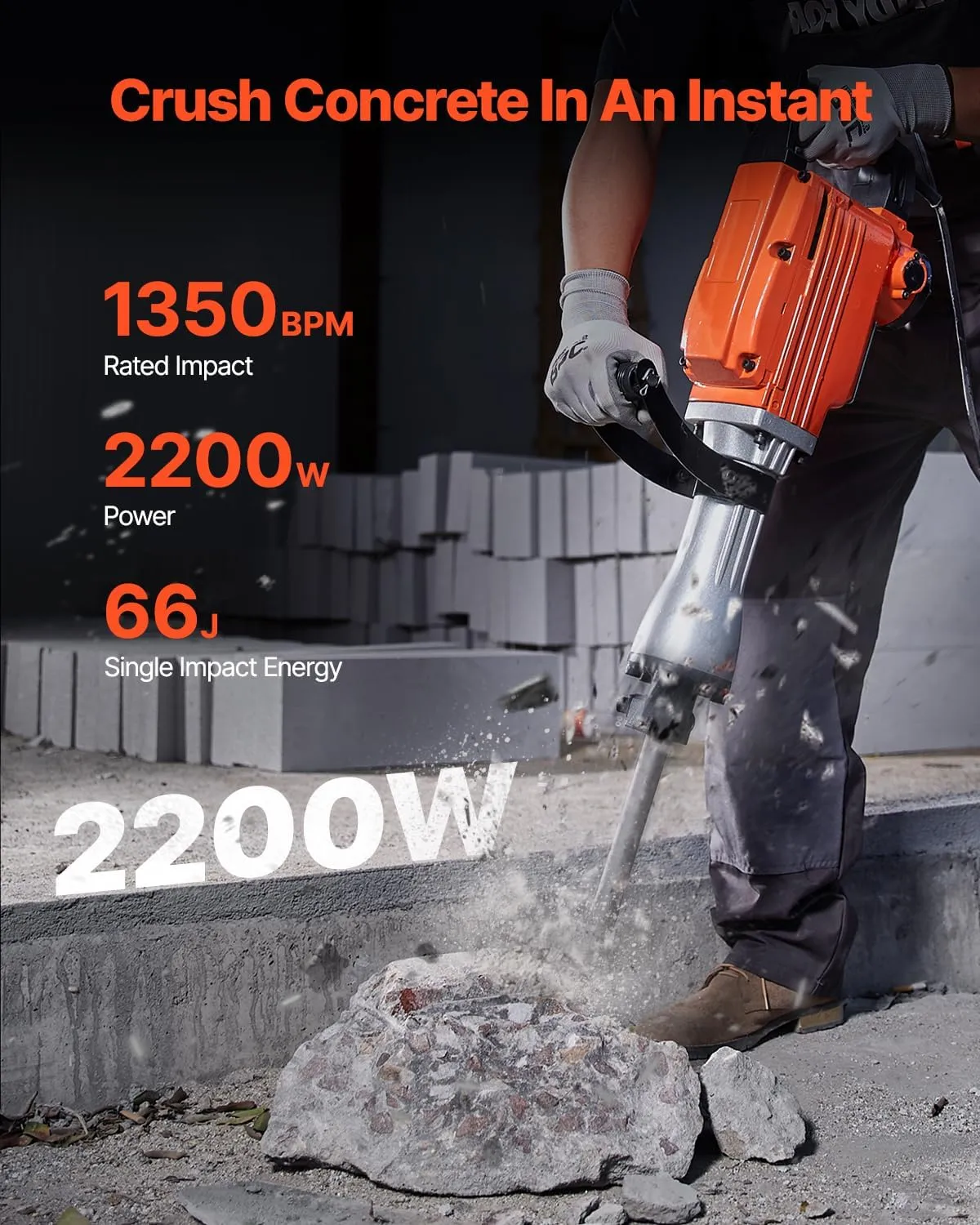VEVOR Demolition Jack Hammer, MAX 2200W Electric Jackhammer Heavy Duty, 1350 BPM Concrete Breaker 6pcs Chisels Bit Chipping with Case