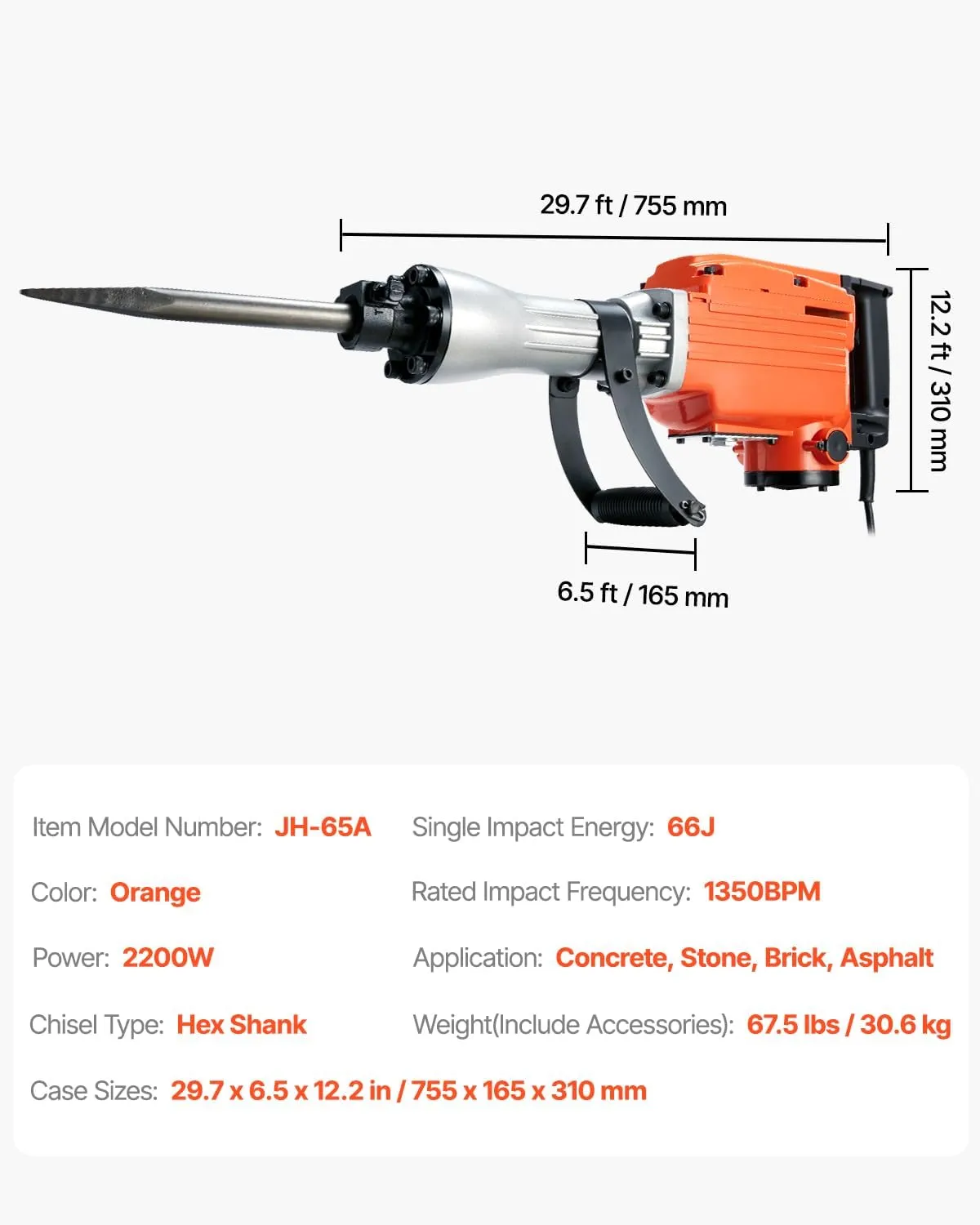 VEVOR Demolition Jack Hammer, MAX 2200W Electric Jackhammer Heavy Duty, 1350 BPM Concrete Breaker 6pcs Chisels Bit Chipping with Case