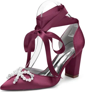 Wedding Shoes 8.5CM Pearl Rhinestones Pointed Toe Bridal Women Satin Block Heel Strappy Shoes for Prom Party Pumps Closed Toe