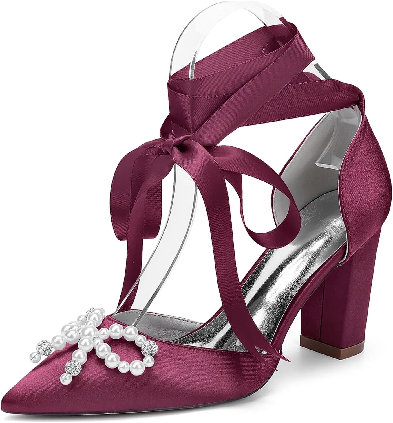 Wedding Shoes 8.5CM Pearl Rhinestones Pointed Toe Bridal Women Satin Block Heel Strappy Shoes for Prom Party Pumps Closed Toe