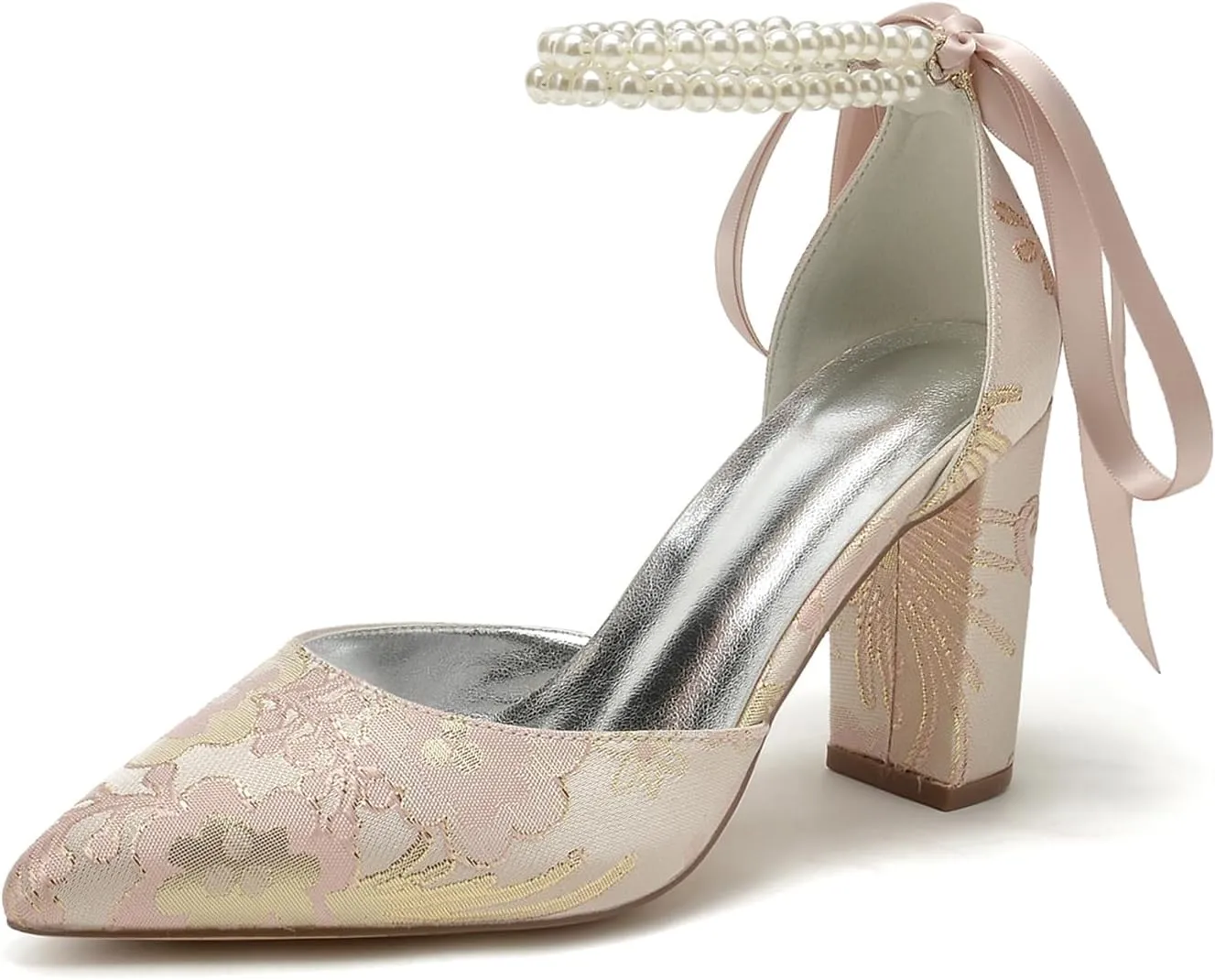 Wedding Shoes for Bride Closed Toe Block Heel Womens High Heels Pointed Toe Pumps Bridal Shoes Bowknot Strap Pearl Sandals Floral Satin Evening,Pink,10
