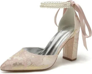 Wedding Shoes for Bride Closed Toe Block Heel Womens High Heels Pointed Toe Pumps Bridal Shoes Bowknot Strap Pearl Sandals Floral Satin Evening,Pink,10