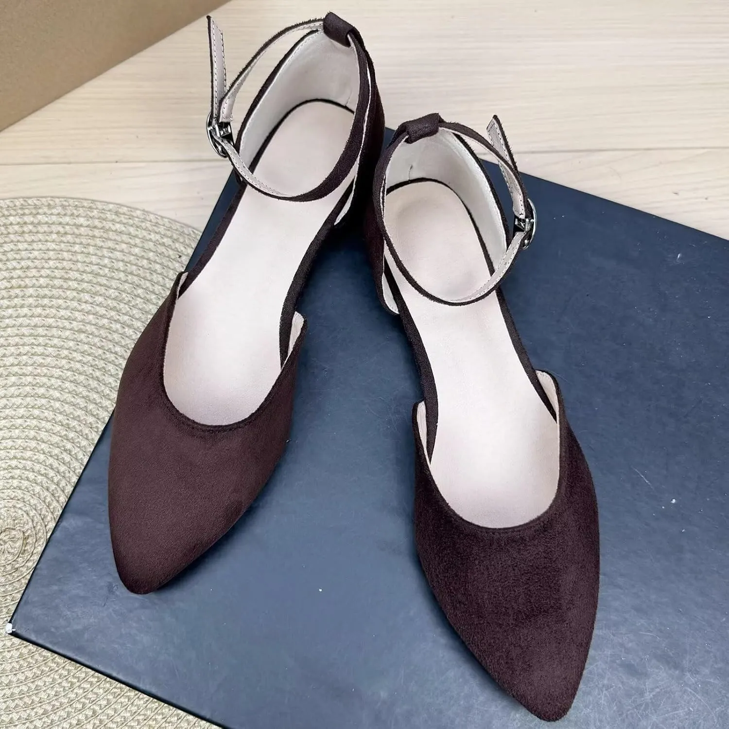 WENJIAZHIZHI Women Pointy Toe Ankle Buckle Flat Sandals Candy Color Comfortable Wedding Dressy Flats Shoes Big Size