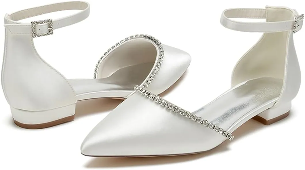 Women Pointed Toe Wedding Pumps Beaded Satin Flats Prom Evening Dress Flat Shoes
