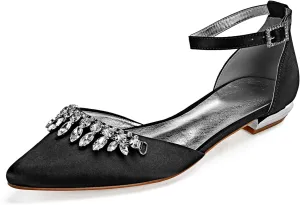 Women Satin Wedding Shoes for Bride Flats Pointed Toe Crystals Party Dress Bridesmaid Shoes