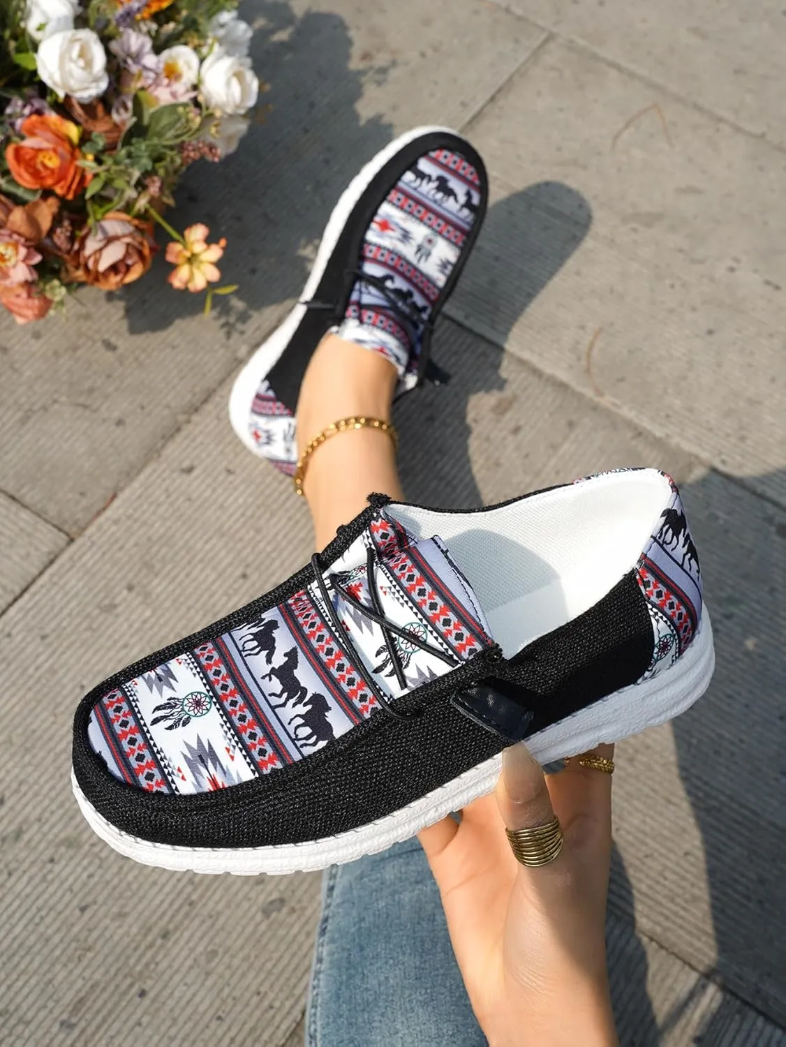 Women's Aztec Print Pattern Canvas Loafer Shoes Ethnic Lace-up Slip-on Sneakers Wide Width and Arch Support Lightweight Walking Breathable Shoes Comfort, Color Blue Brown Rose-Red