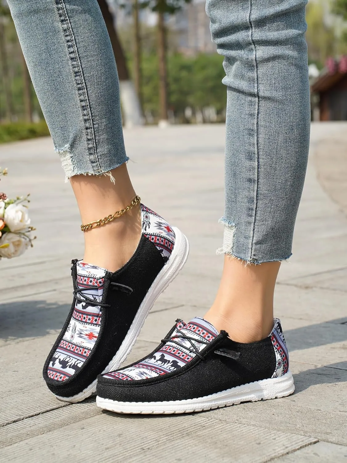 Women's Aztec Print Pattern Canvas Loafer Shoes Ethnic Lace-up Slip-on Sneakers Wide Width and Arch Support Lightweight Walking Breathable Shoes Comfort, Color Blue Brown Rose-Red