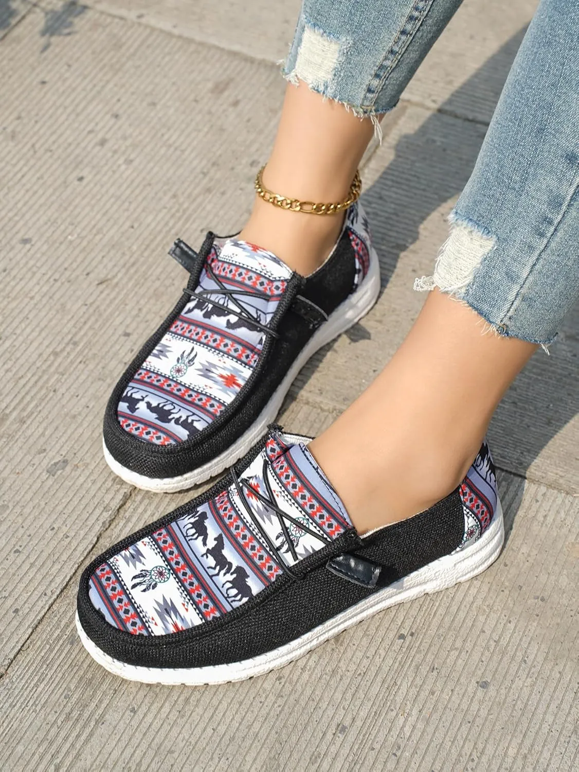Women's Aztec Print Pattern Canvas Loafer Shoes Ethnic Lace-up Slip-on Sneakers Wide Width and Arch Support Lightweight Walking Breathable Shoes Comfort, Color Blue Brown Rose-Red