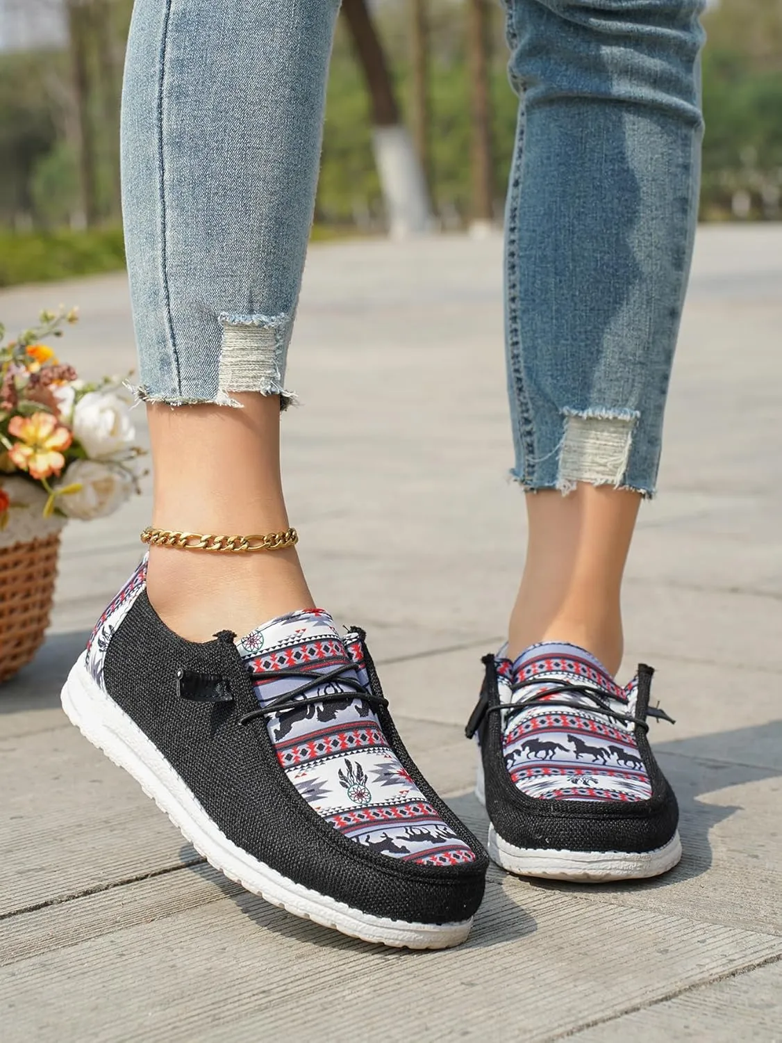 Women's Aztec Print Pattern Canvas Loafer Shoes Ethnic Lace-up Slip-on Sneakers Wide Width and Arch Support Lightweight Walking Breathable Shoes Comfort, Color Blue Brown Rose-Red