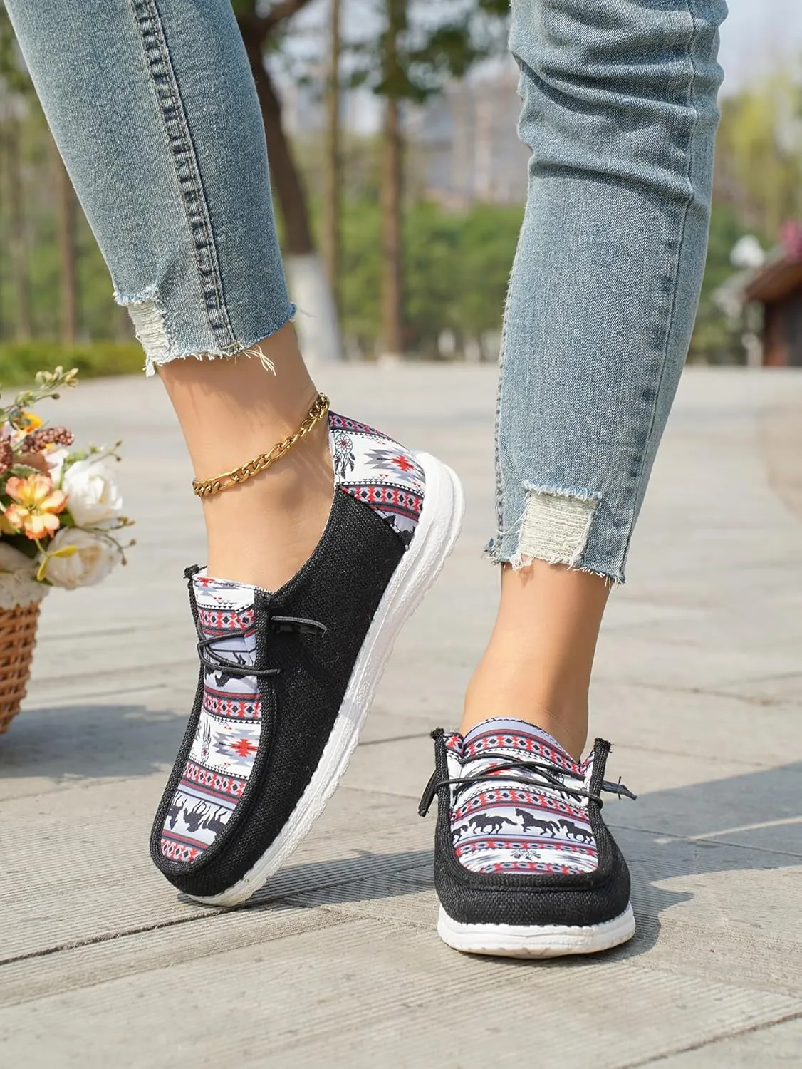 Women's Aztec Print Pattern Canvas Loafer Shoes Ethnic Lace-up Slip-on Sneakers Wide Width and Arch Support Lightweight Walking Breathable Shoes Comfort, Color Blue Brown Rose-Red
