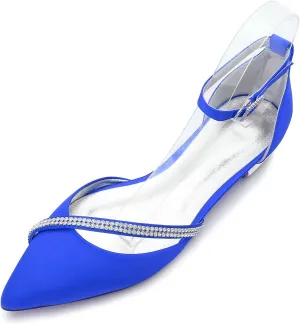 Womens Ballet Flats Pointed Toe Ankle Strap Buckle Satin Low Heel Flat Party Evening Ballerina Dance Shoes