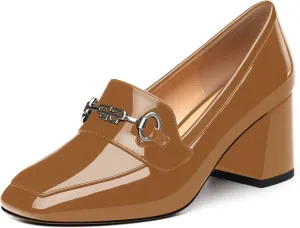 Women's Block Heel Bit Loafer, Square Closed Heel Pumps,Elegant and Comfortable Penny Loafers,Commuter Dress Shoes