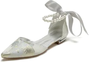 Women's Casual Pointed Toe Pumps Flat Wedding Shoes Satin Floral Ballet Comfort Walking Flats Shoes