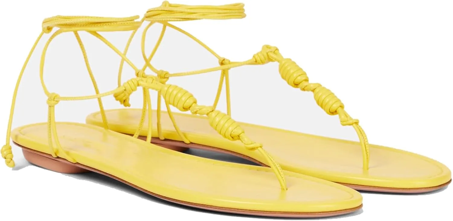 Womens Flat Lace-Up Thong Sandals Strappy Gladiator Flats Open Toe Summer Beach Shoes