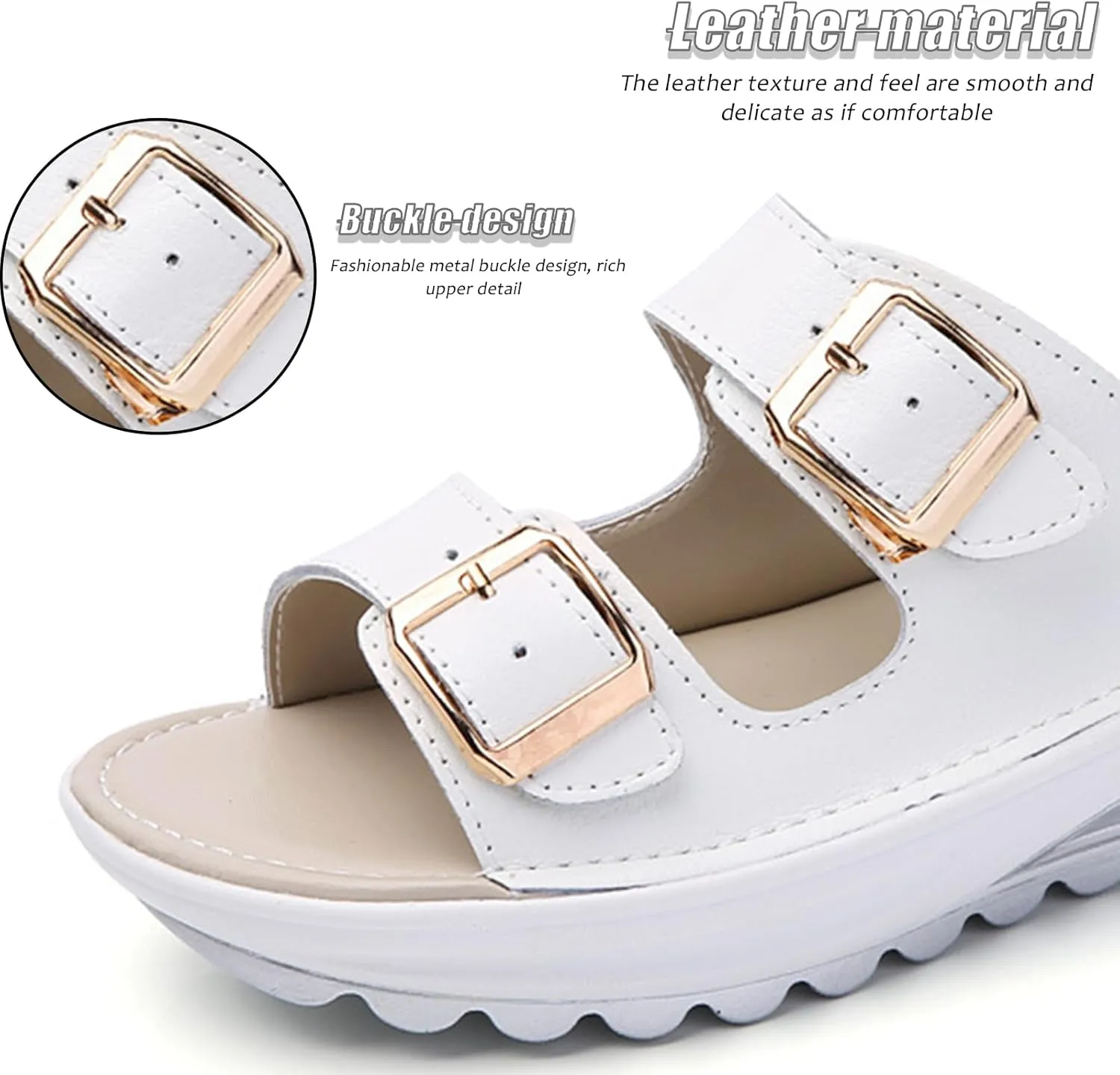 Women'S Leather Buckle Platform Sandals Breathable Round Open Toe Lug Sole Non-Slip Slip-On Walking Sandals Suitable For Beach Walks