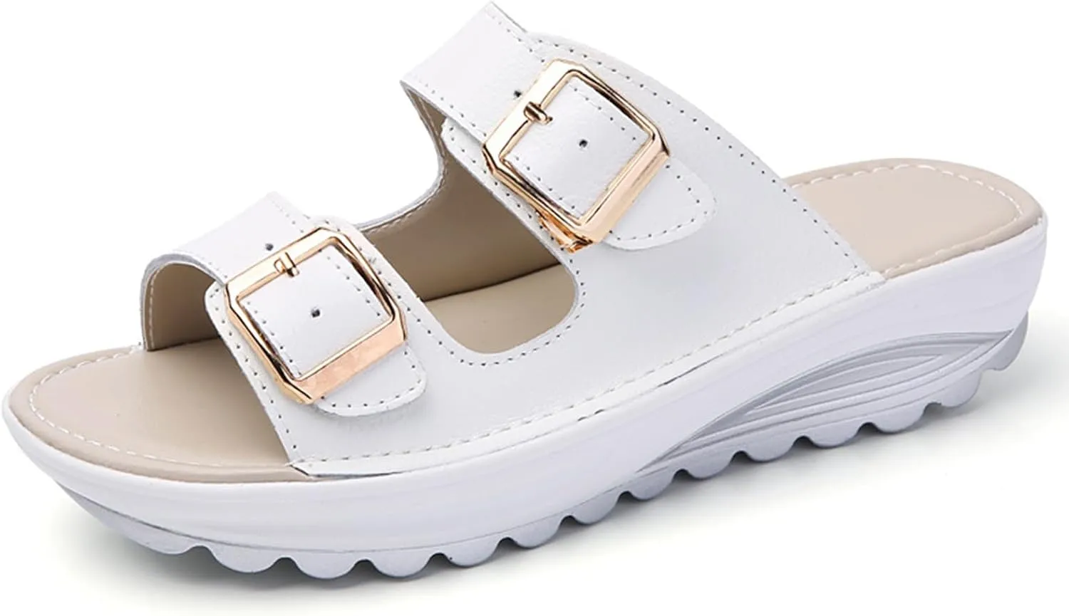 Women'S Leather Buckle Platform Sandals Breathable Round Open Toe Lug Sole Non-Slip Slip-On Walking Sandals Suitable For Beach Walks