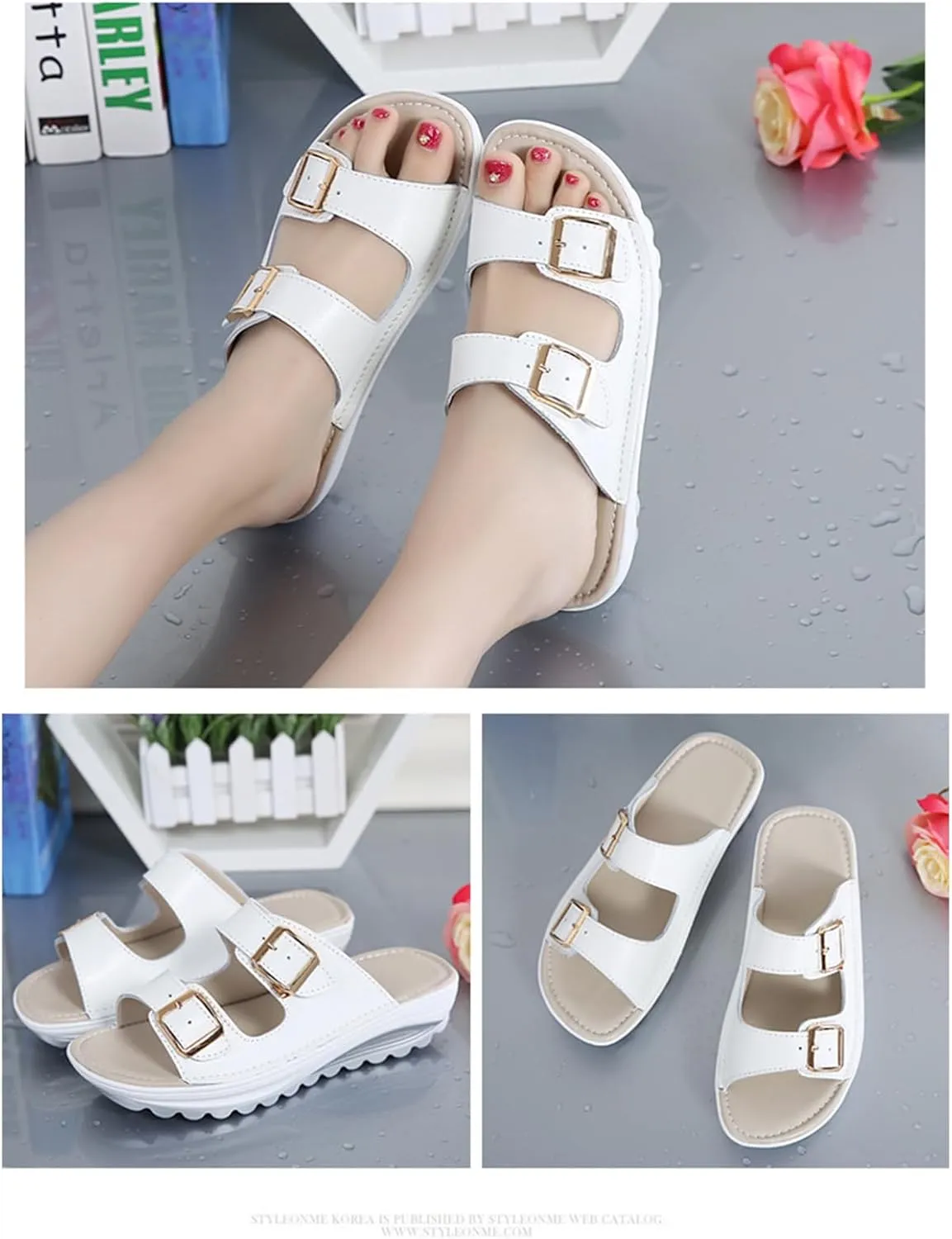 Women'S Leather Buckle Platform Sandals Breathable Round Open Toe Lug Sole Non-Slip Slip-On Walking Sandals Suitable For Beach Walks
