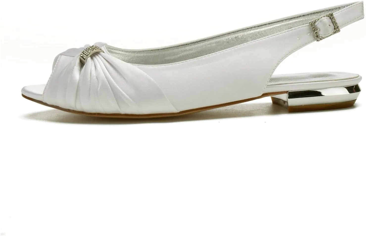 Women's Peep Toe Flat Pumps Slingback Evening Party Comfort Bridal Flats Sandals with Buckle Satin Wedding Dress Shoes