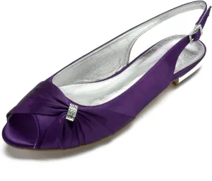Women's Peep Toe Flat Pumps Slingback Evening Party Comfort Bridal Flats Sandals with Buckle Satin Wedding Dress Shoes