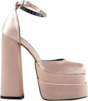 Womens Platform Chunky Heel Dress Pumps Ankle Strap Block High Heel Silk Satin Square Toe Rhinestones Heeled Pumps