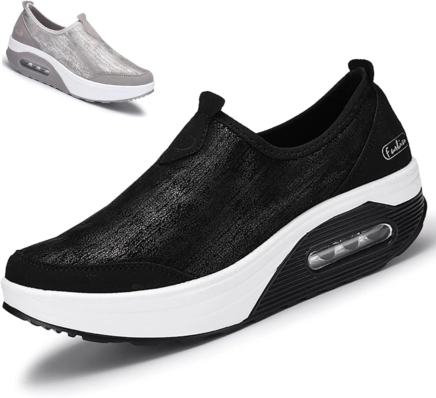 Womens Platform Sneakers Comfort Air Fashion Wedge Slip on Loafer Walking Shoes with Arch Support,Comfortable Casual Stretch Toning Rocker Shoes