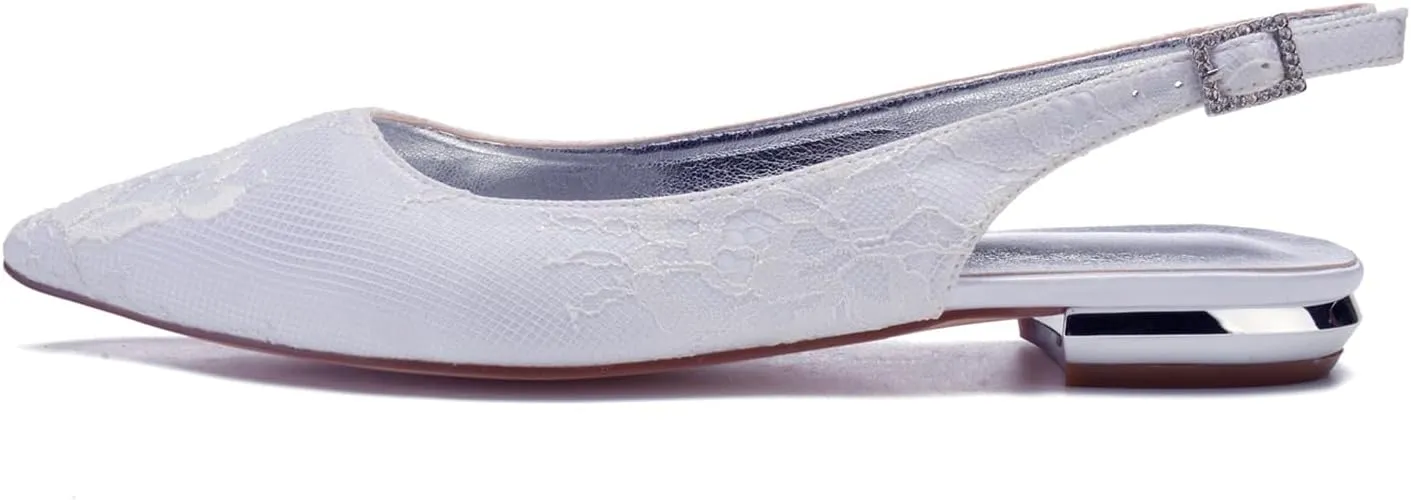 Women's Pointed Lace Slingback Low Heel Bridal Pumps Closed Toe Flats Evening Prom Party Dress Shoes
