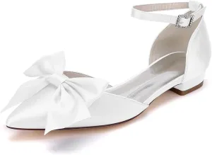 Women's Pointed Toe Flats Ankle Strap Ballet Flats with Bow Flat Bridal Shoes Evening Dress Pumps