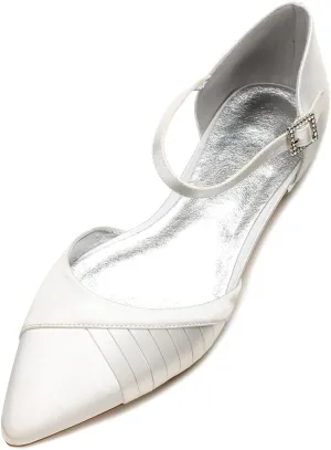 Women's Pointed Toe Pumps Pleated Satin Wedding Shoes for Bride Flats Ankle Strap Bridal Shoes Formal Prom Party Dress Pumps Sandals