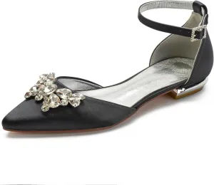 Women's Pointed Toe Satin Wedding Shoes for Bride Flats Comfortable Rhinestones Bridal Flats Evening Prom Party Dress Shoes Pumps