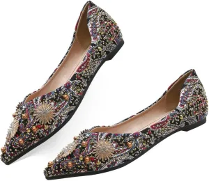 Women's Rhinestone Flats Fashion Pointed Toe Pearl Diamond Low Heel Dress Wedding Flats Work Business Casual Flats Shoes