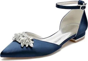 Women's Satin Ankle Strap Bridal Shoes Crystal Closed Pointed Toe Formal Prom Party Wedding Sandals Buckle Banquet Shoes