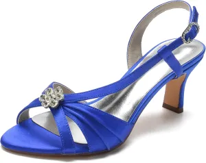 Women's Slingback Satin Wedding Pumps Peep Toe Heeled Sandals with Rhinestone Buckle Mid Heel Bride Evening Party Shoes