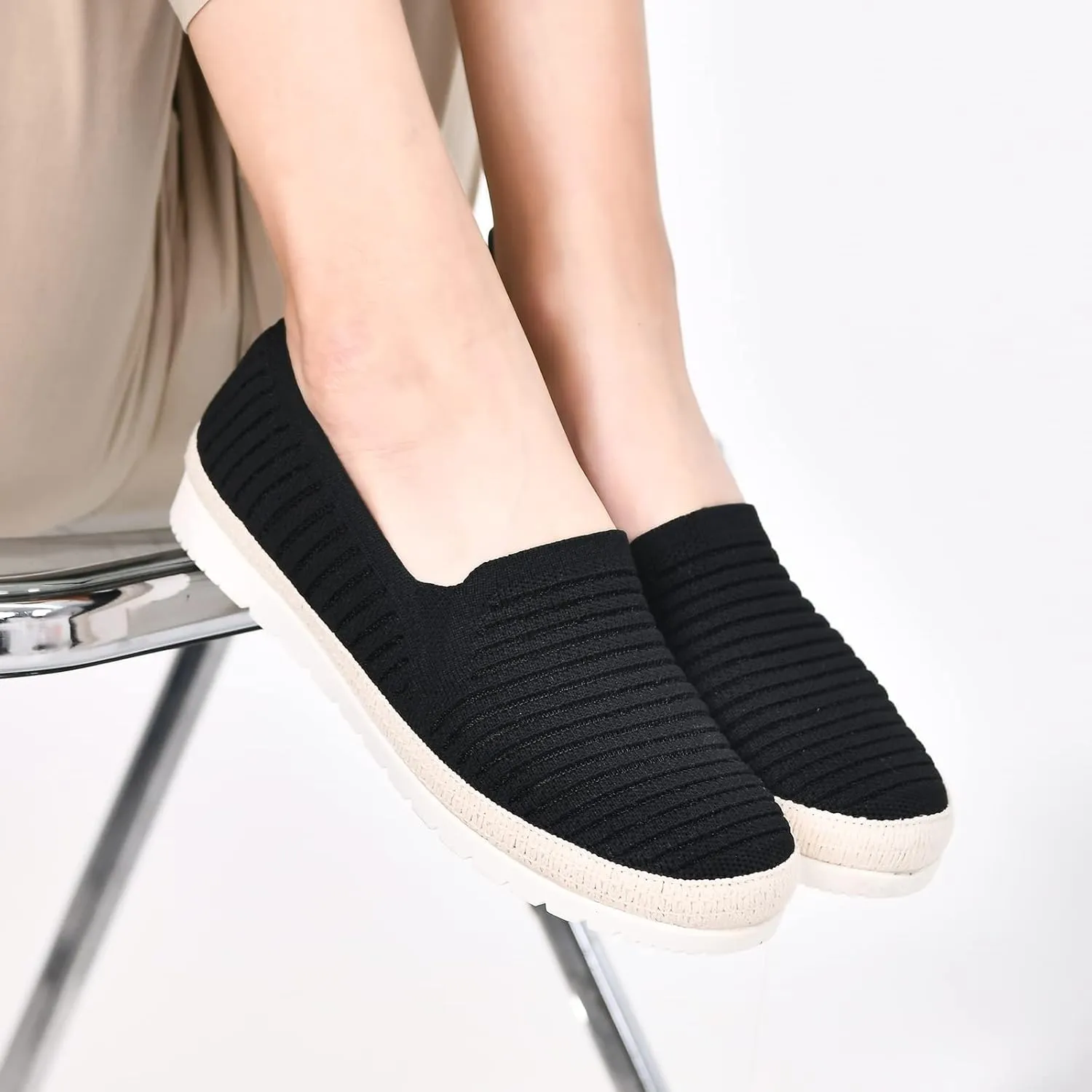 Women's Slip on Loafer Shoes Casual Walking Shoes Comfortable Knit Hands Free Slip ins Sneakers with Arch Support Fashion Work Nurse Flats