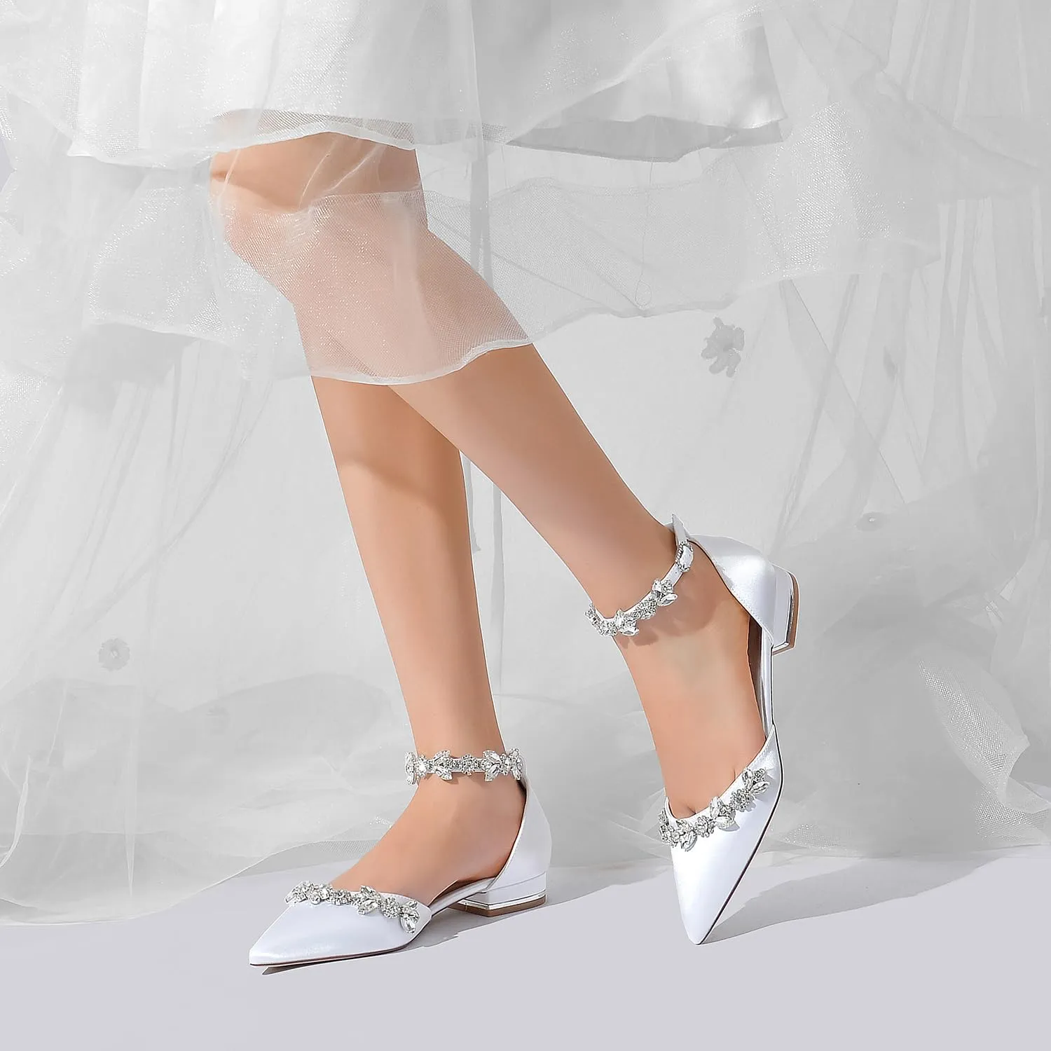 Women's Wedding Shoes for Bride Bridal Flats Pointed Closed Toe Rhinestones Dressy Dressy Flat Shoes for Prom