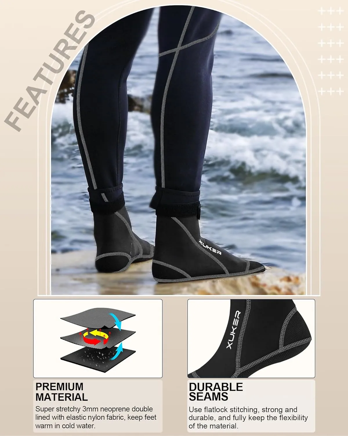 XUKER Neoprene Water Socks 3mm, Sand Proof Beach Volleyball Socks Diving Socks for Outdoor Water Sports