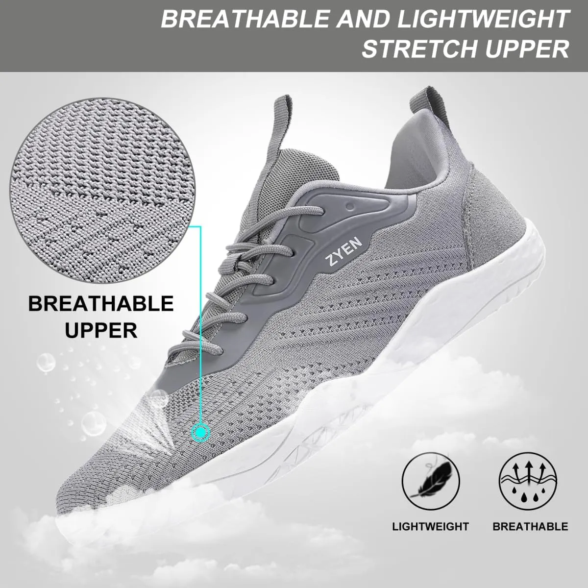 ZYEN Mens Barefoot Shoes Wide Toe Box Trail Running Sneakers Zero Drop Non-Slip Extra Wide Width Walking Shoes Minimalist Wrestling Sneakers Gym Trainer 6.5-13